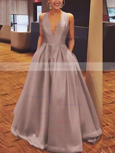 A-line V-neck Satin Floor-length Bow Prom Dresses #Favs020106112