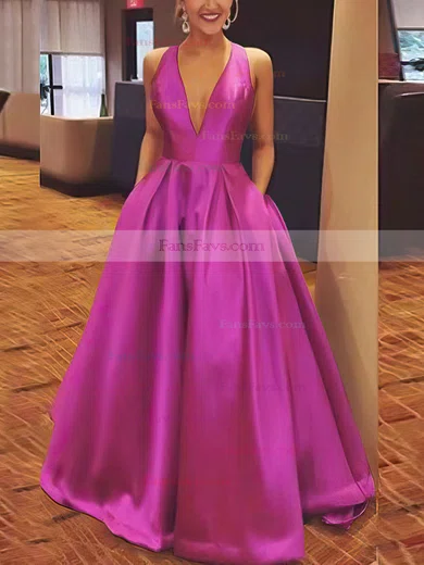 A-line V-neck Satin Floor-length Bow Prom Dresses #Favs020106112