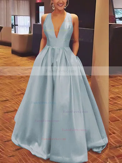 A-line V-neck Satin Floor-length Bow Prom Dresses #Favs020106112