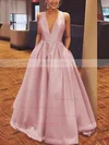 A-line V-neck Satin Floor-length Bow Prom Dresses #Favs020106112