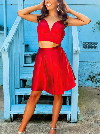 A-line V-neck Silk-like Satin Short/Mini Short Prom Dresses With Split Front #Favs020020110321