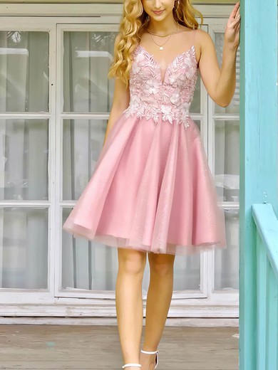 A-line V-neck Lace Tulle Knee-length Short Prom Dresses With Appliques Lace #Favs020020111730