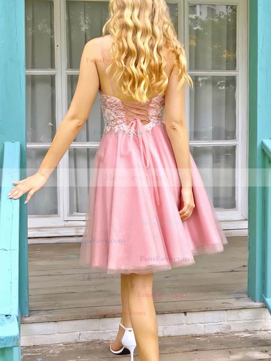 A-line V-neck Lace Tulle Knee-length Short Prom Dresses With Appliques Lace #Favs020020111730