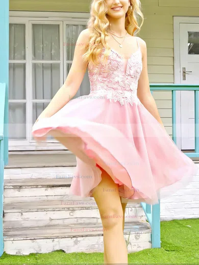 A-line V-neck Lace Tulle Knee-length Short Prom Dresses With Appliques Lace #Favs020020111730