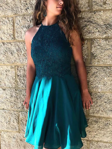 A-line Scoop Neck Chiffon Knee-length Short Prom Dresses With Appliques Lace #Favs020020111732