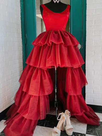 A-line Scoop Neck Satin Tulle Asymmetrical Short Prom Dresses With Tiered #Favs020020110325