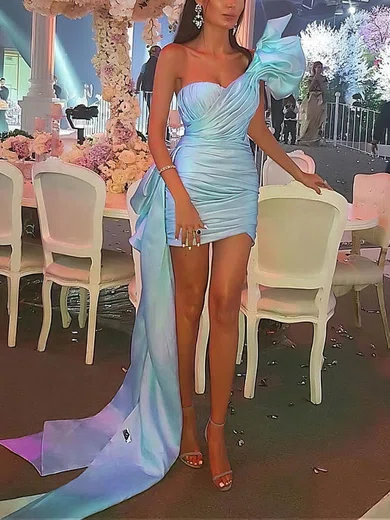 Sheath/Column One Shoulder Silk-like Satin Short/Mini Short Prom Dresses With Bow #Favs020020111734