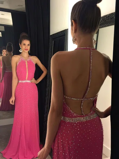 Sheath/Column Scoop Neck Chiffon Sweep Train Beading Prom Dresses #Favs020102444