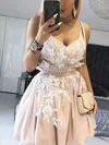 A-line V-neck Lace Tulle Short/Mini Short Prom Dresses With Appliques Lace #Favs020020111737