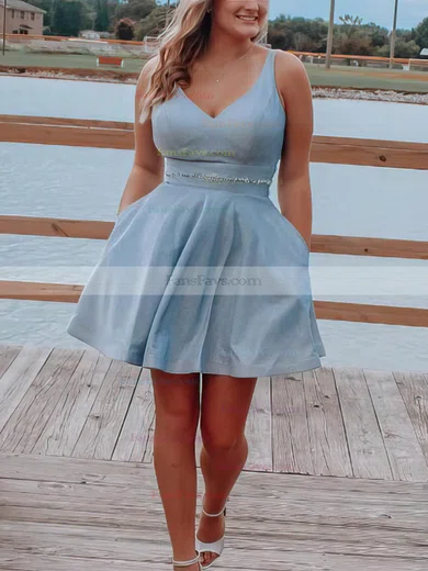 A-line V-neck Shimmer Crepe Short/Mini Short Prom Dresses With Pockets #Favs020020110330