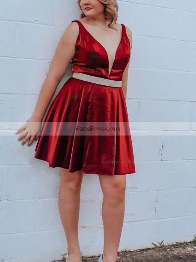 A-line V-neck Satin Short/Mini Short Prom Dresses With Beading #Favs020020110331