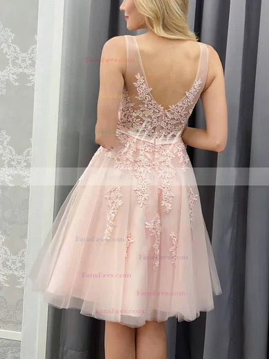 A-line V-neck Tulle Lace Knee-length Short Prom Dresses With Appliques Lace #Favs020020111020