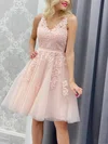 A-line V-neck Tulle Lace Knee-length Short Prom Dresses With Appliques Lace #Favs020020111020