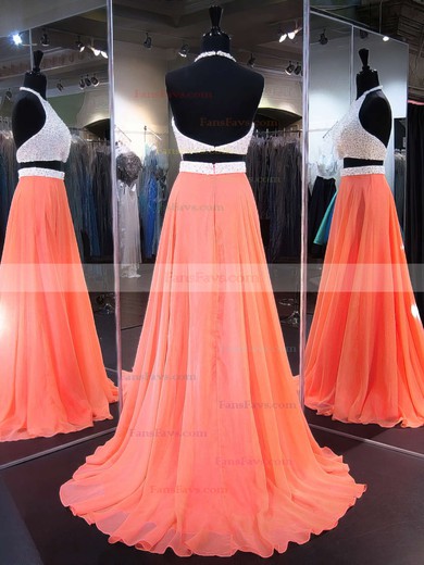 A-line Halter Chiffon Sweep Train Crystal Detailing Prom Dresses #Favs020103270