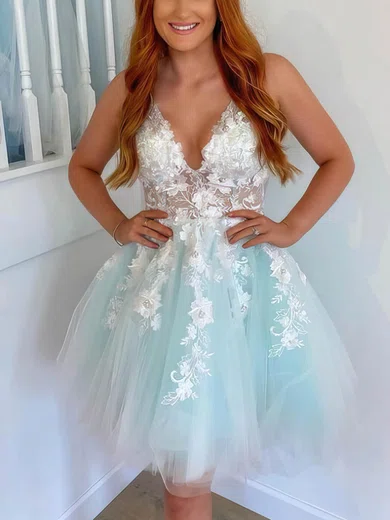 A-line V-neck Lace Tulle Knee-length Short Prom Dresses With Appliques Lace #Favs020020110334