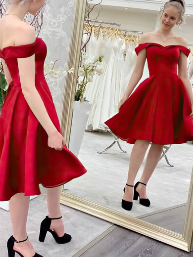 A-line Off-the-shoulder Satin Tea-length Short Prom Dresses #Favs020020111022