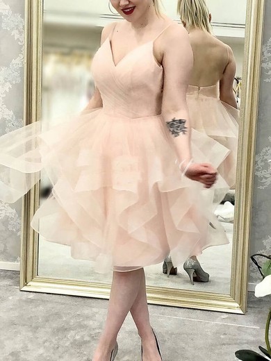 A-line V-neck Tulle Tea-length Short Prom Dresses With Cascading Ruffles #Favs020020111023