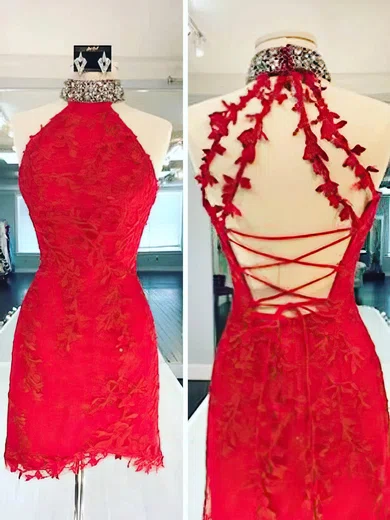 Sheath/Column High Neck Lace Tulle Short/Mini Short Prom Dresses With Beading #Favs020020110336