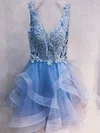 A-line V-neck Tulle Lace Short/Mini Short Prom Dresses With Appliques Lace #Favs020020111025