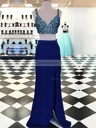 Sheath/Column V-neck Chiffon Floor-length Split Front Prom Dresses #Favs020103291