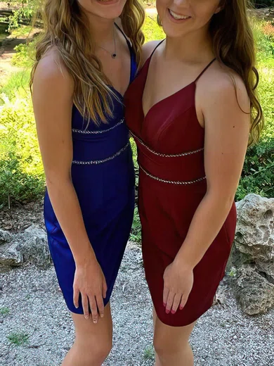 Sheath/Column V-neck Silk-like Satin Short/Mini Short Prom Dresses With Beading #Favs020020110341