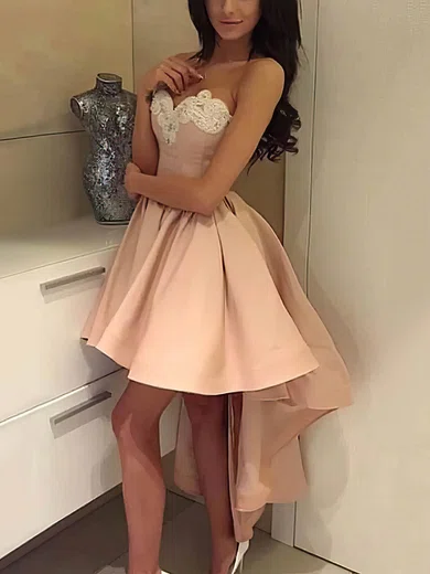 A-line Sweetheart Silk-like Satin Asymmetrical Appliques Lace Short Prom Dresses #Favs020020109376