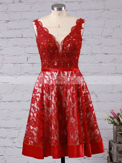 Princess V-neck Lace Knee-length Beading Short Prom Dresses #Favs020103246