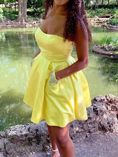 A-line Strapless Satin Short/Mini Short Prom Dresses With Pockets #Favs020020110342