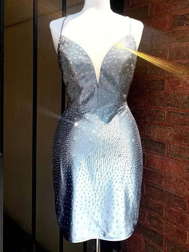Sheath/Column V-neck Silk-like Satin Short/Mini Short Prom Dresses With Beading #Favs020020111031