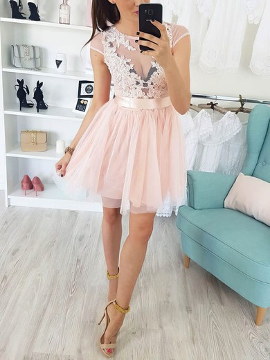 A-line Scoop Neck Lace Tulle Short/Mini Short Prom Dresses With Appliques Lace #Favs020020111754