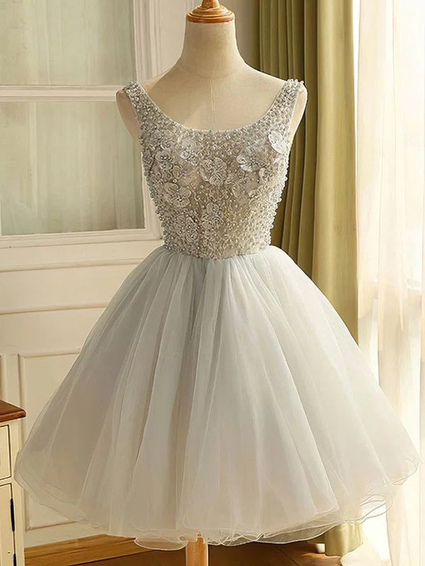 A-line Scoop Neck Lace Tulle Knee-length Short Prom Dresses With Beading #Favs020020111035