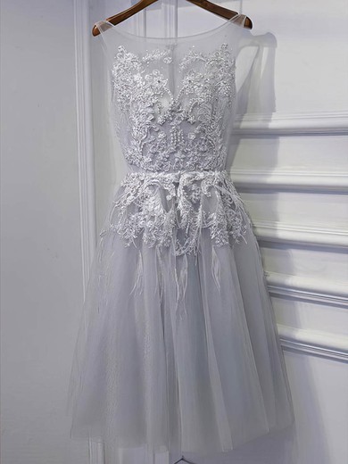 A-line Scoop Neck Lace Tulle Knee-length Short Prom Dresses With Appliques Lace #Favs020020111036