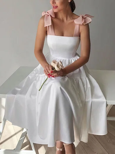 A-line Square Neckline Satin Tea-length Bow Short Prom Dresses #Favs020020109383