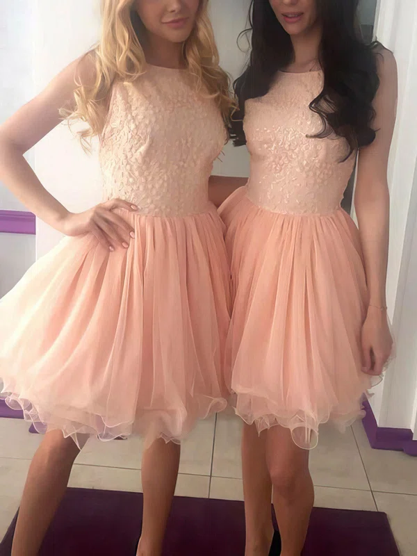 A-line Scoop Neck Lace Tulle Knee-length Short Prom Dresses With Appliques Lace #Favs020020111757