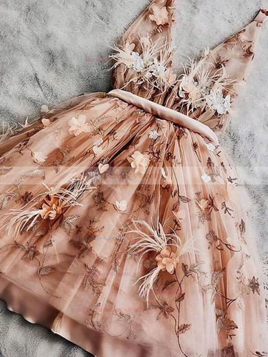 A-line V-neck Lace Tulle Short/Mini Short Prom Dresses With Appliques Lace #Favs020020111037