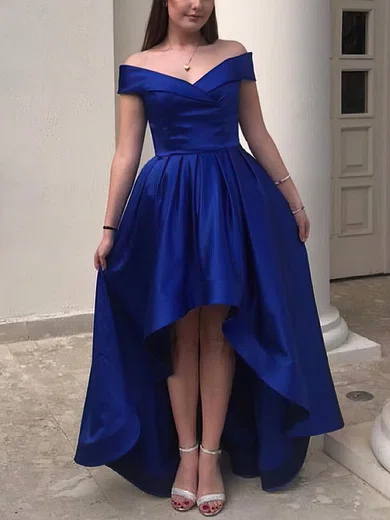 A-line Off-the-shoulder Satin Asymmetrical Short Prom Dresses #Favs020020109384