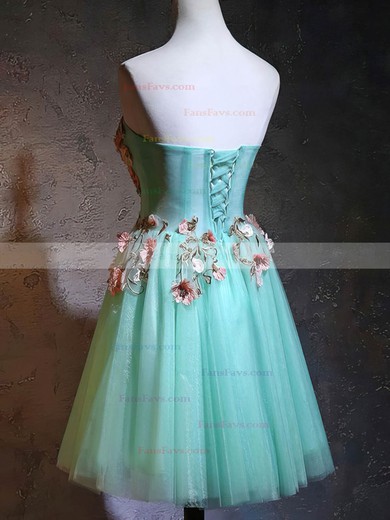 A-line Strapless Lace Tulle Knee-length Short Prom Dresses With Flower(s) #Favs020020111039