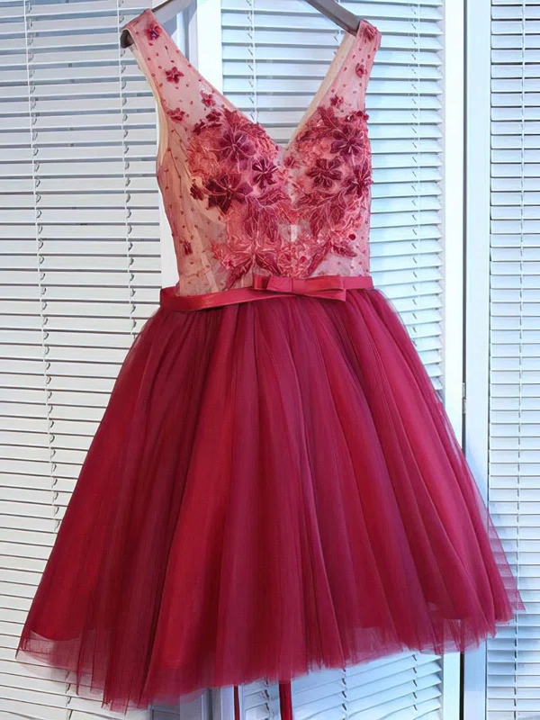A-line V-neck Lace Tulle Short/Mini Short Prom Dresses With Appliques Lace #Favs020020111040