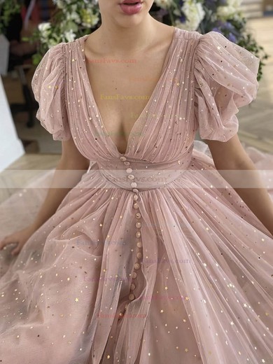 A-line V-neck Tulle Ankle-length Ruffles Short Prom Dresses #Favs020020109385