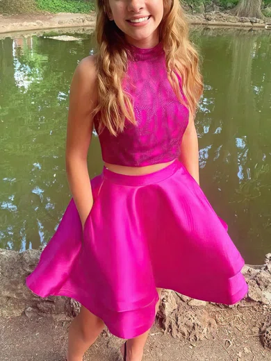 A-line High Neck Satin Short/Mini Short Prom Dresses With Pockets #Favs020020110353