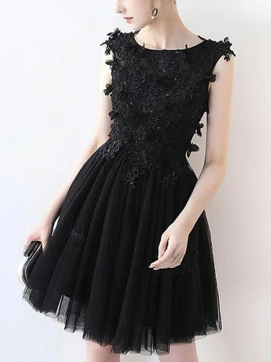 A-line Scoop Neck Tulle Short/Mini Appliques Lace Short Prom Dresses #Favs020020109388