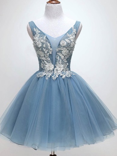 A-line V-neck Lace Tulle Short/Mini Short Prom Dresses With Appliques Lace #Favs020020111044