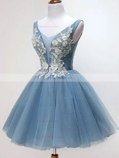 A-line V-neck Lace Tulle Short/Mini Short Prom Dresses With Appliques Lace #Favs020020111044