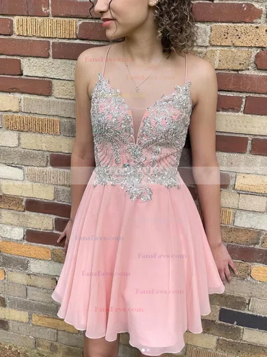 A-line V-neck Chiffon Short/Mini Short Prom Dresses With Appliques Lace #Favs020020110355