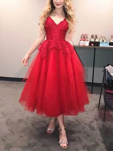 Princess V-neck Lace Tulle Tea-length Short Prom Dresses #Favs020020109390