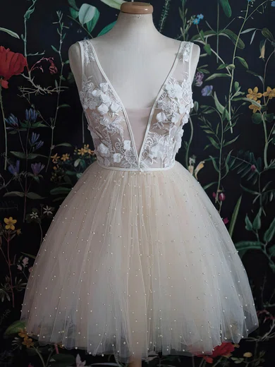 A-line V-neck Tulle Lace Short/Mini Short Prom Dresses With Beading #Favs020020111045