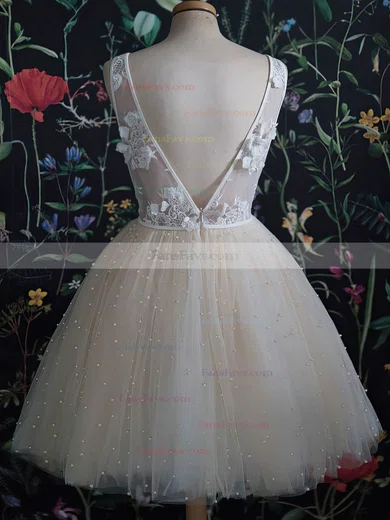 A-line V-neck Tulle Lace Short/Mini Short Prom Dresses With Beading #Favs020020111045
