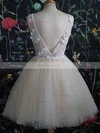 A-line V-neck Tulle Lace Short/Mini Short Prom Dresses With Beading #Favs020020111045