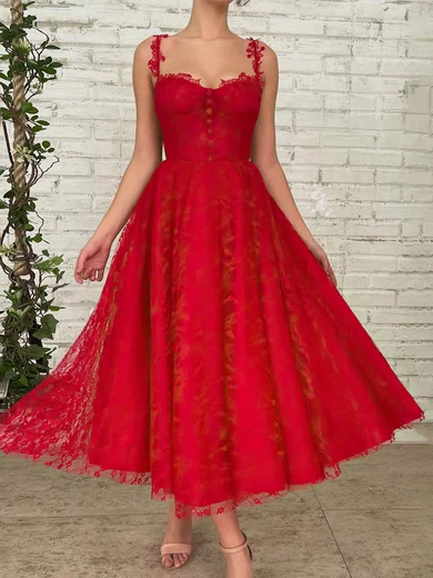 A-line Sweetheart Lace Tulle Ankle-length Short Prom Dresses With Buttons #Favs020020111768