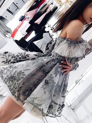 A-line Off-the-shoulder Lace Tulle Short/Mini Short Prom Dresses With Appliques Lace #Favs020020111769